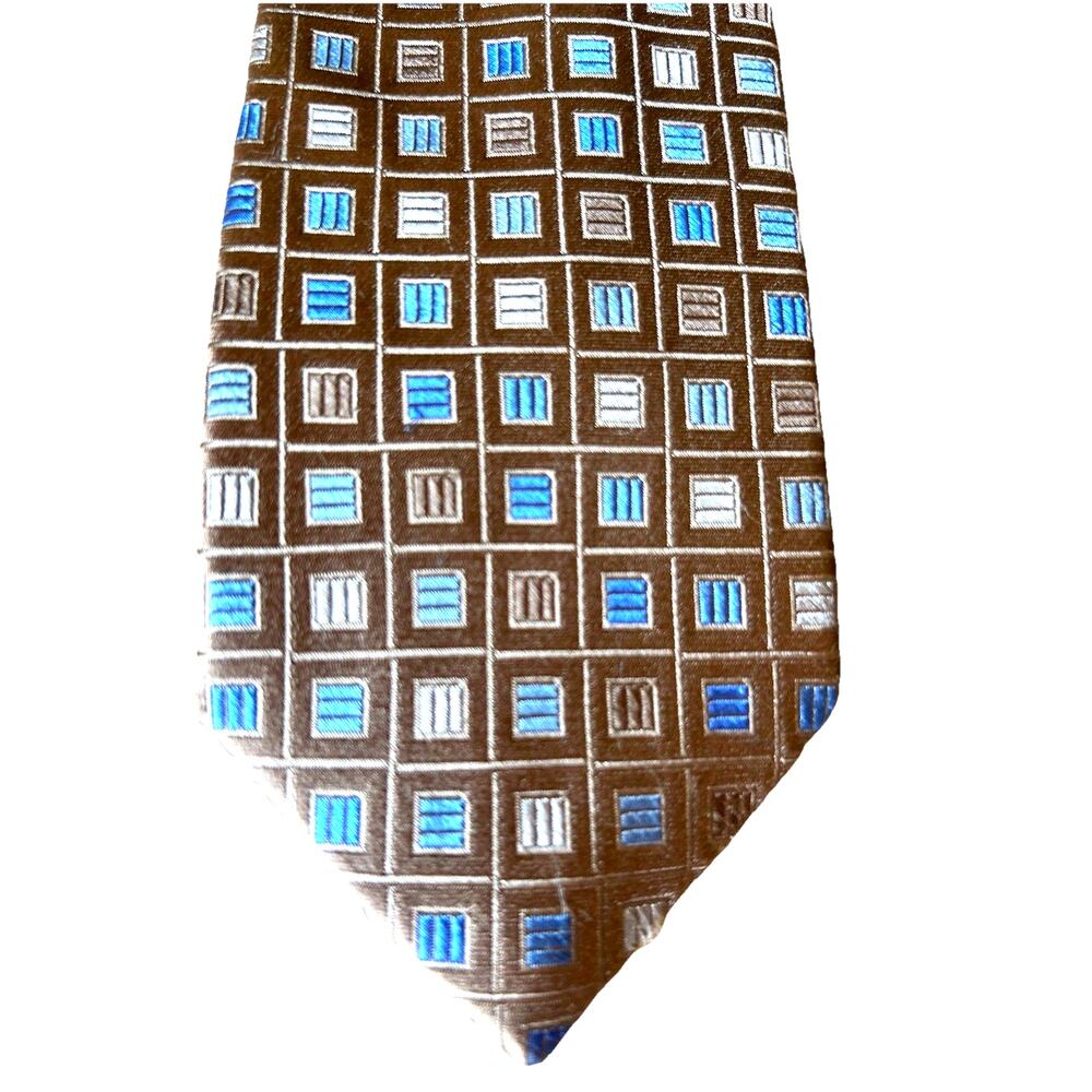 MICHAEL KORS Men's 100% Silk Necktie Skinny Designer PLAID & CHECKS Blue/Tan Y2K